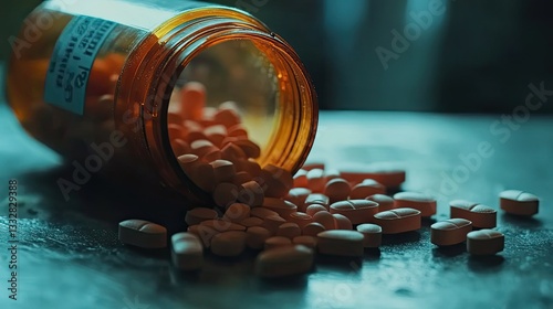 Clonazepam pills in plastic bottle, spilling out from container