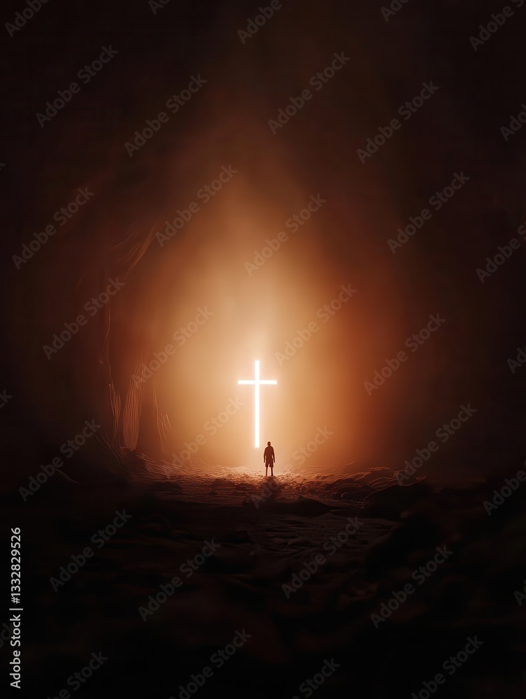 Fototapeta premium A lone figure standing in the center of a cross-shaped light at the tomb entrance, symbolizing divine presence and resurrection