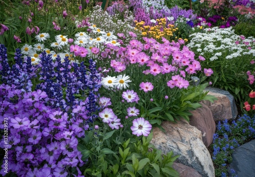 Vibrant Garden Blooms Featuring Colorful Flowers in Full Bloom Surrounded by Lush Green Foliage Captured in Natural Light