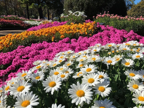 Vibrant Garden Blooms with Bright Colorful Flowers in Full Bloom Under Clear Blue Sky Captured on a Sunny Day in Spring Season