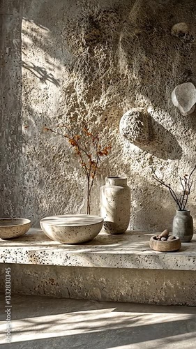 Serene interior scene showcasing natural decor with textured walls