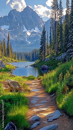 Serene Mountain Landscape with Lake and Lush Greenery in Summer