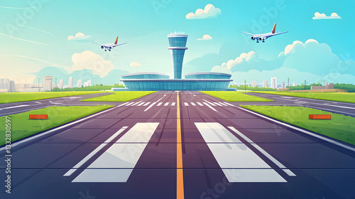Airport Runway Cartoon Vector Illustration for Aviation Concept Design