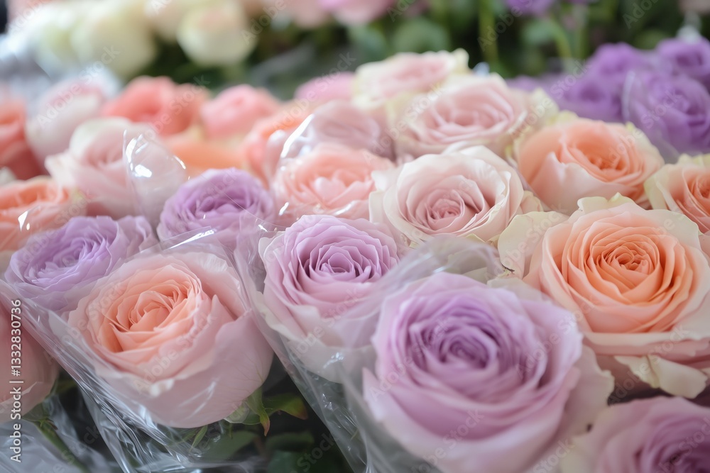 Obraz premium vibrant display of fresh roses in shades of pink, peach, lavender, and ivory, carefully wrapped in clear cellophane at a bustling flower market