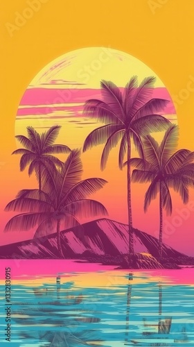 Tropical sunset with palm trees and sea view, vector illustration, vintage poster style, warm colors, orange background, hd phone wallpaper
