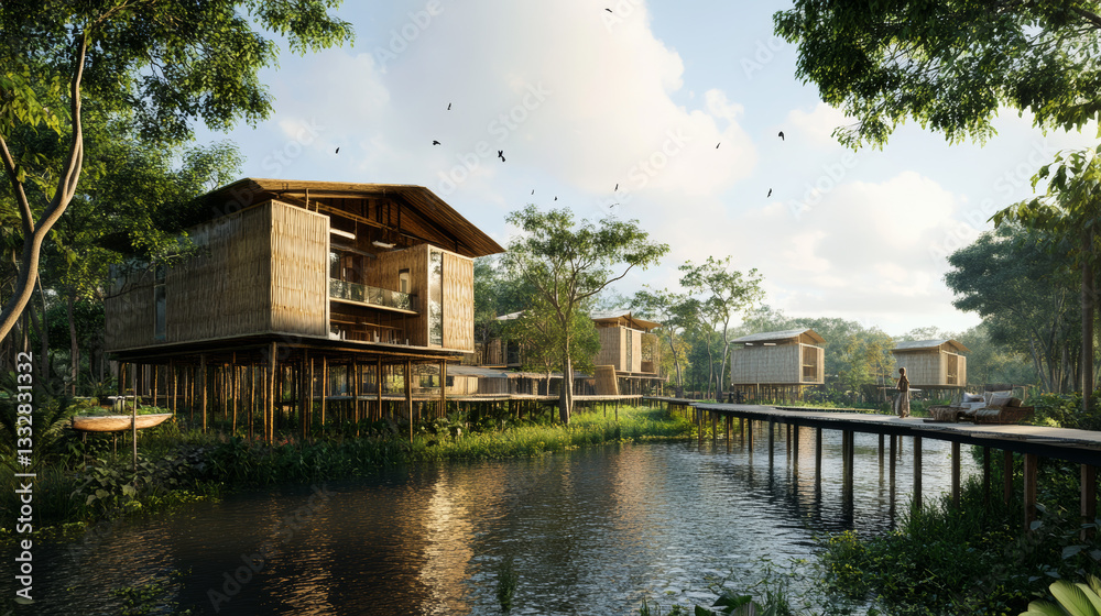 Obraz premium Building and Architecture Riverside Architecture: Villages by the river often feature unique architecture, with homes and buildings situated along the banks. 