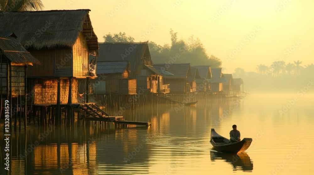 Fototapeta premium Building and Architecture Riverside Architecture: Villages by the river often feature unique architecture, with homes and buildings situated along the banks. 