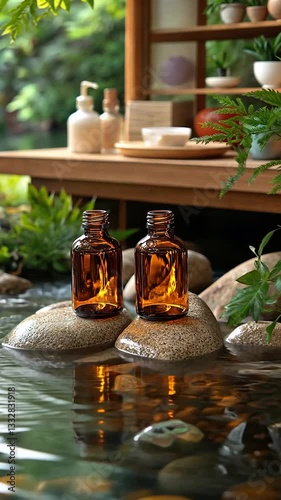 Serene spa setting with amber bottles on stones beside tranquil water