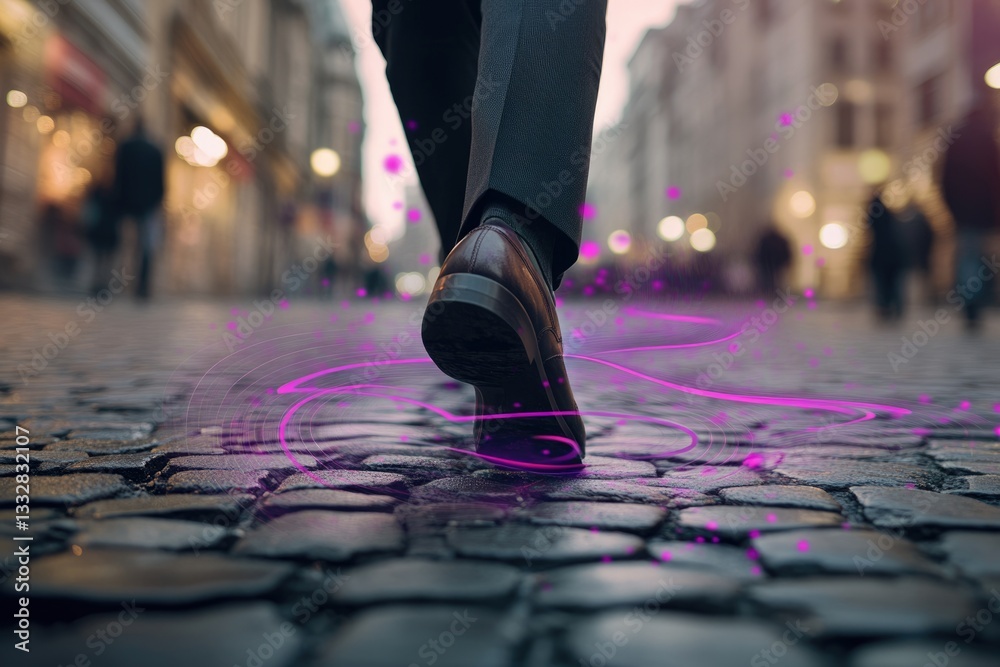 Fototapeta premium A businessman's foot steps on a cobblestone street, leaving a trail of purple light.