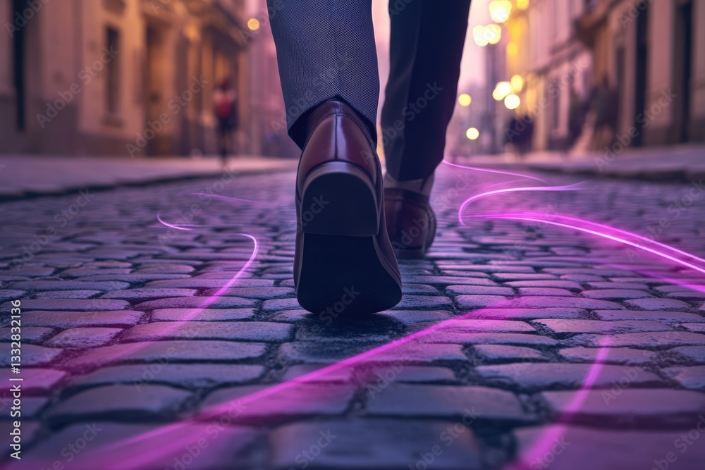 Fototapeta premium A person in dress shoes walks on a cobblestone street at dusk, glowing pink light trails behind them.