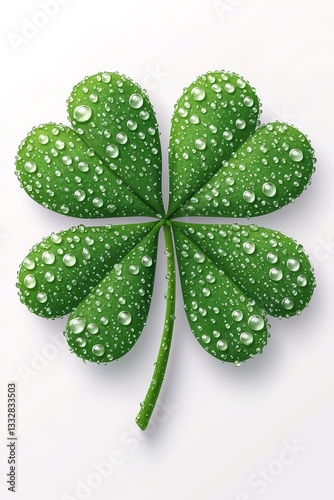 A green four - leaf clover with water droplets on a white background, a simple yet meaningful symbol of luck and nature.