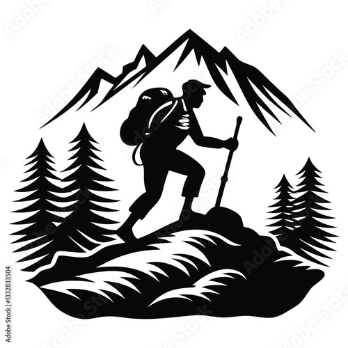 Man hiking mountain with stick silhouette, Black silhouette of a man climbing a mountain
