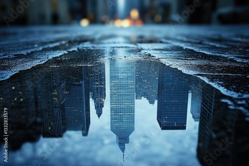 Upside-down city skyline reflected in a rain puddle on a city street. photo