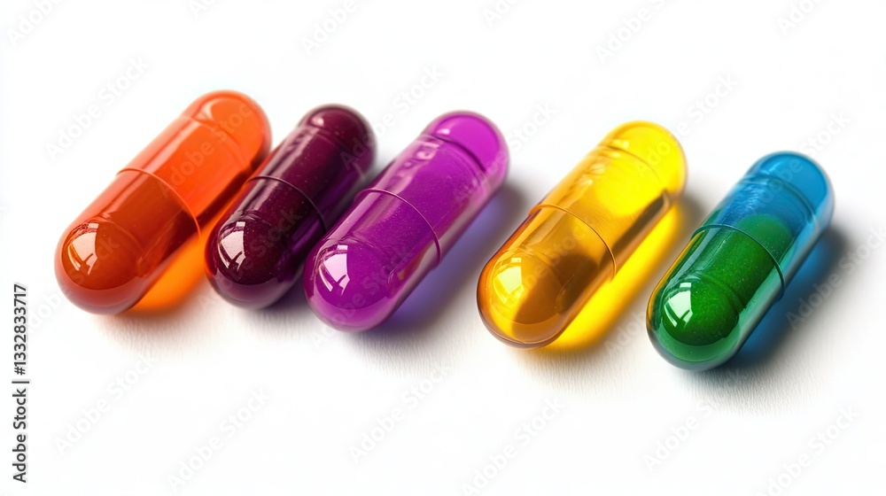 Colorful capsules falling on white background Colorful capsules falling on white background