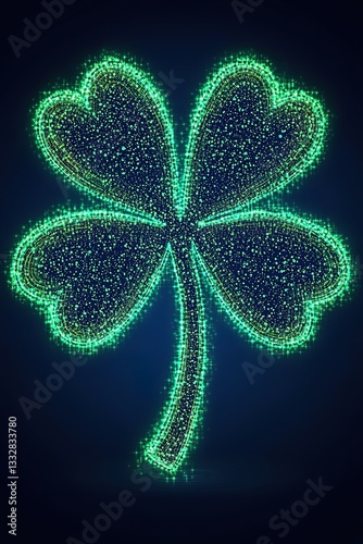 A glowing green four - leaf clover against a dark blue background, creating a magical and lucky visual suitable for digital or festive designs.