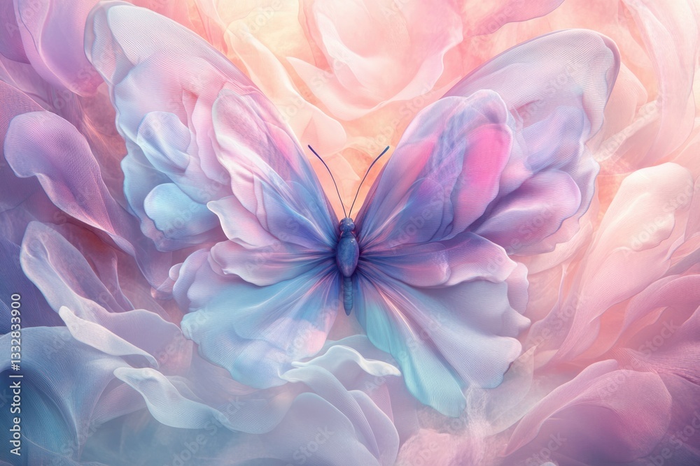 Obraz premium A delicate pastel butterfly with translucent wings rests amidst soft, floral clouds.