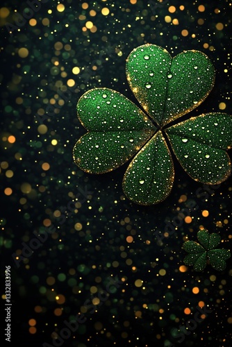 A green four - leaf clover with water droplets and golden bokeh lights, exuding a sense of luxury and luck for festive occasions.