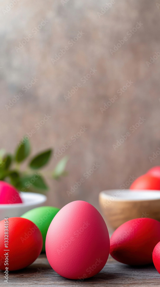 Colorful easter eggs on rustic table with greenery in background Colorful easter eggs on rustic table with greenery in background
