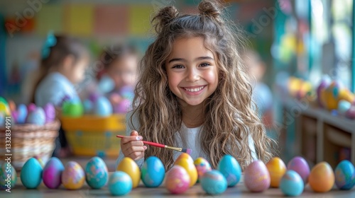 Smiling children surrounded by bright Easter eggs, joyfully engaging in holiday activities at a festive, colorful table