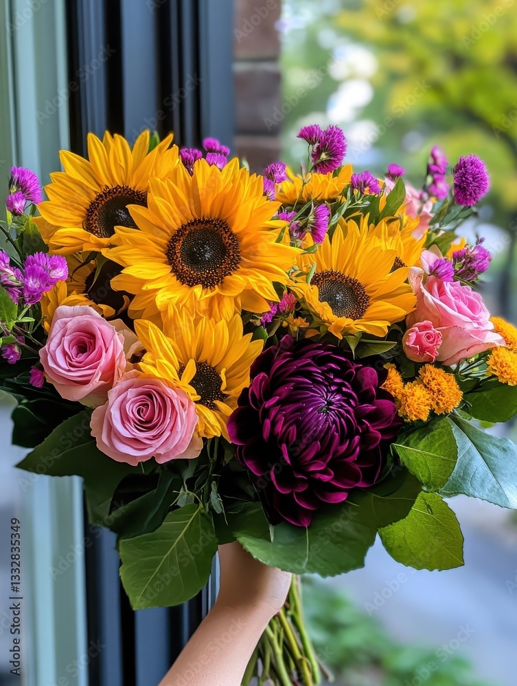 Obraz premium Vibrant Handheld Bouquet of Sunflowers, Roses, and Colorful Flowers Displaying Natural Beauty in a Bright Setting