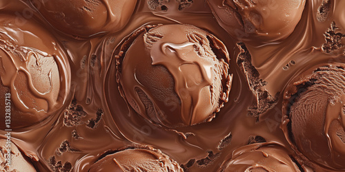 Top view of chocolate ice cream scopes. seamless pattern wallpaper of creamy milk chocolate icecream scopes on big tray for ice cream shop banner background backdrop