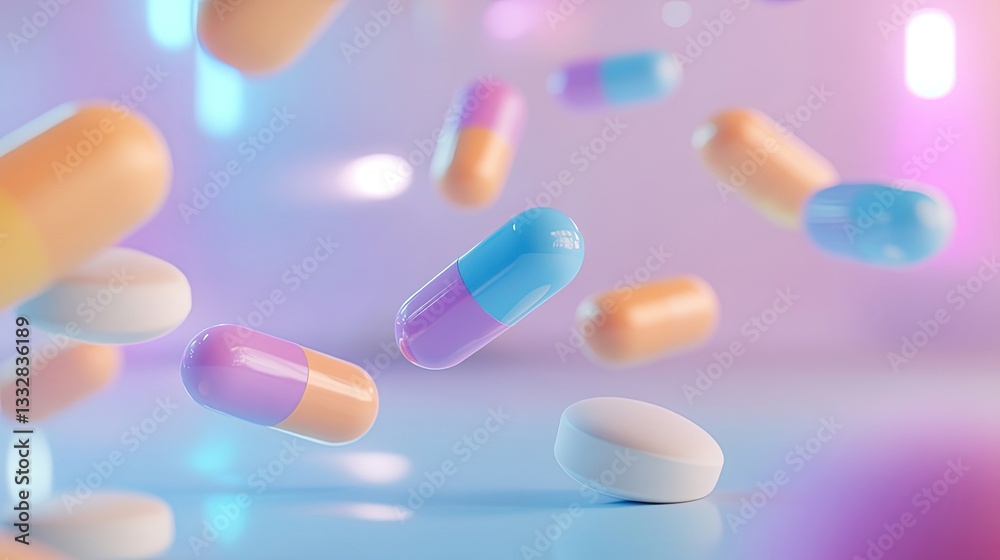 Floating colorful capsules and tablets with medical theme Floating colorful capsules and tablets with medical theme