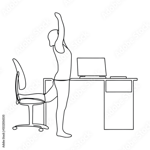 Office Desk Stretching One Line Drawing of Workplace Yoga Pose