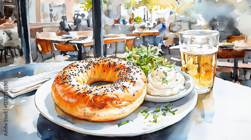 Watercolor painting of a Montreal bagel with cream cheese and beer  