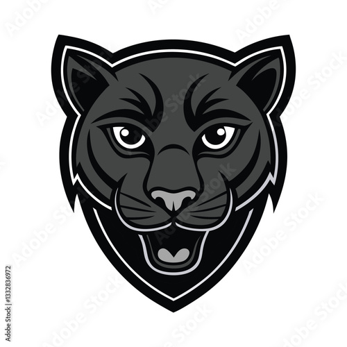 A stylized black panthers head, openmouthed, in a shield shape. Vector graphic with sharp lines and grayscale color scheme. Ideal for team logo or mascot.