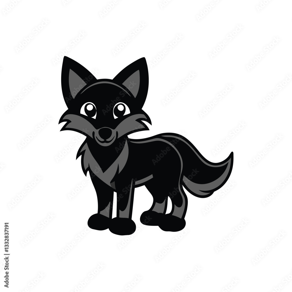 A cute cartoon black fox stands on a white background. The fox is drawn in a simplified style with large eyes and a fluffy tail. A cute cartoon black fox stands on a white background. The fox is drawn in a simplified style with large eyes and a fluffy tail.