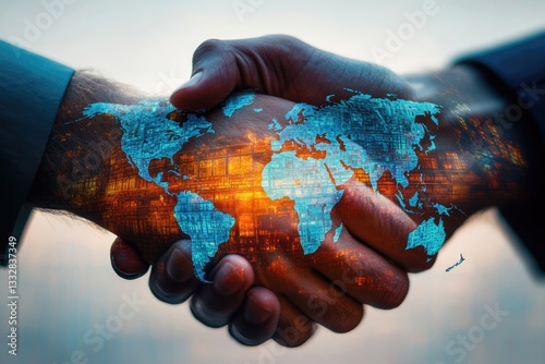Global partnership, two hands clasped with a world map overlay, symbolizing international collaboration and interconnectedness.