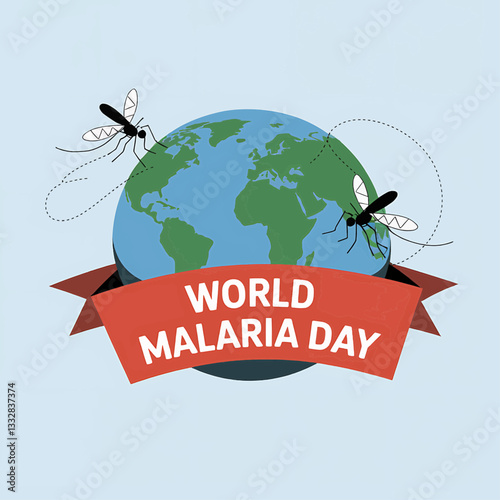 World Malaria Day Poster with Mosquito, Earth, and Awareness Ribbon Banner