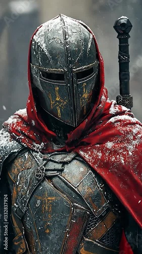 Snow-covered knight in armor, standing resolute in a winter landscape
