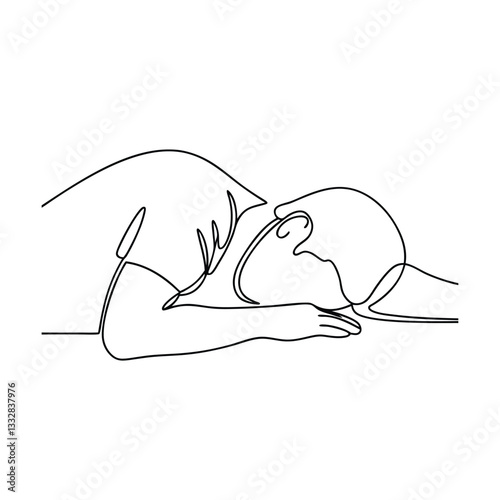 Single line drawing of a man lying face down, expressing despair