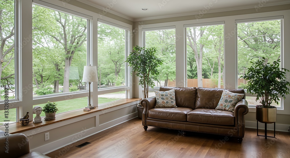 Fototapeta premium Spacious Open Living Room and Sunroom with Abundant Natural Light, Window Seat, Leather Couch, and Lush Greenery