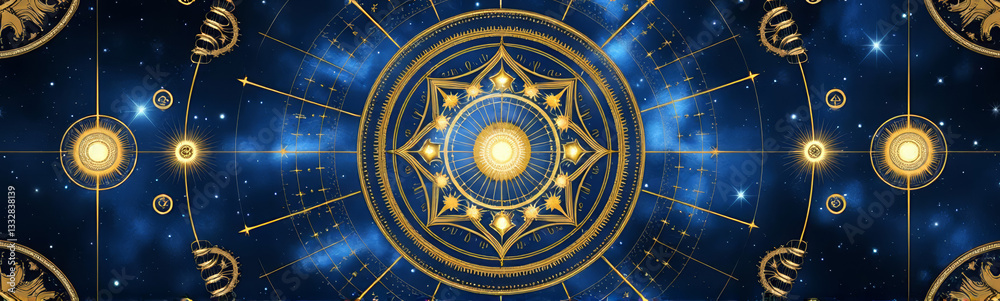 Fototapeta premium Glowing cosmic mandala artwork with gold filigree on deep blue background