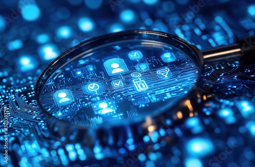 Through a magnifying glass, blue user - related icons and verification symbols on a circuit board imply the importance of user identity in digital systems.
