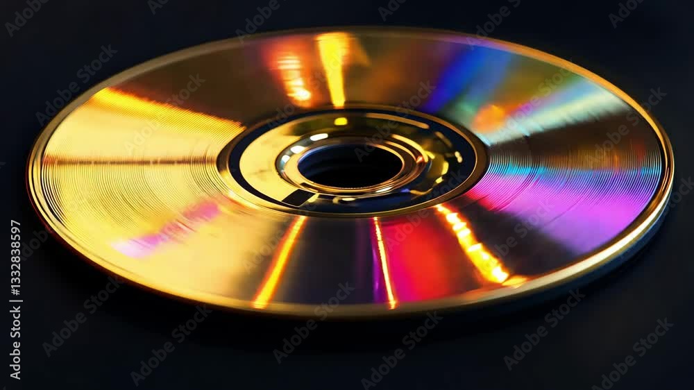 A reflective disc glimmering with colorful reflections created by surrounding lights in a dark setting