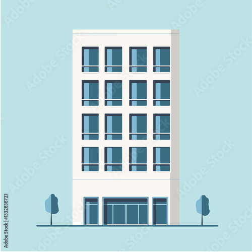 Minimalist flat design illustration of a modern office building with glass windows and trees for real estate and urban development concepts