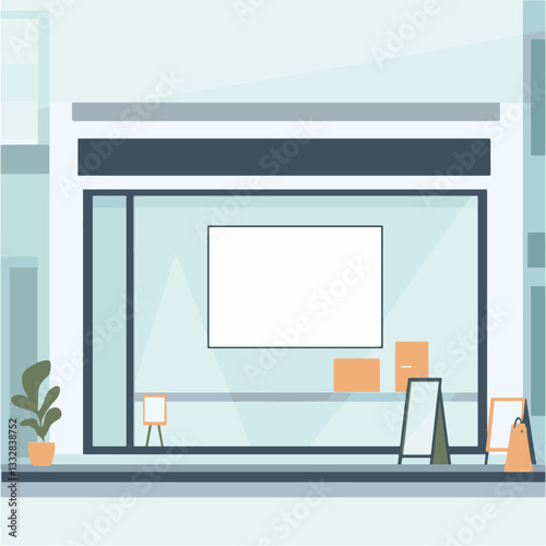 Minimalist flat design illustration of a modern shopfront with glass windows and signage for retail, business, and storefront concepts