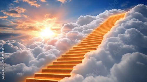 A glowing staircase leading into the clouds with a golden goal at the top, symbolizing limitless business ambition.