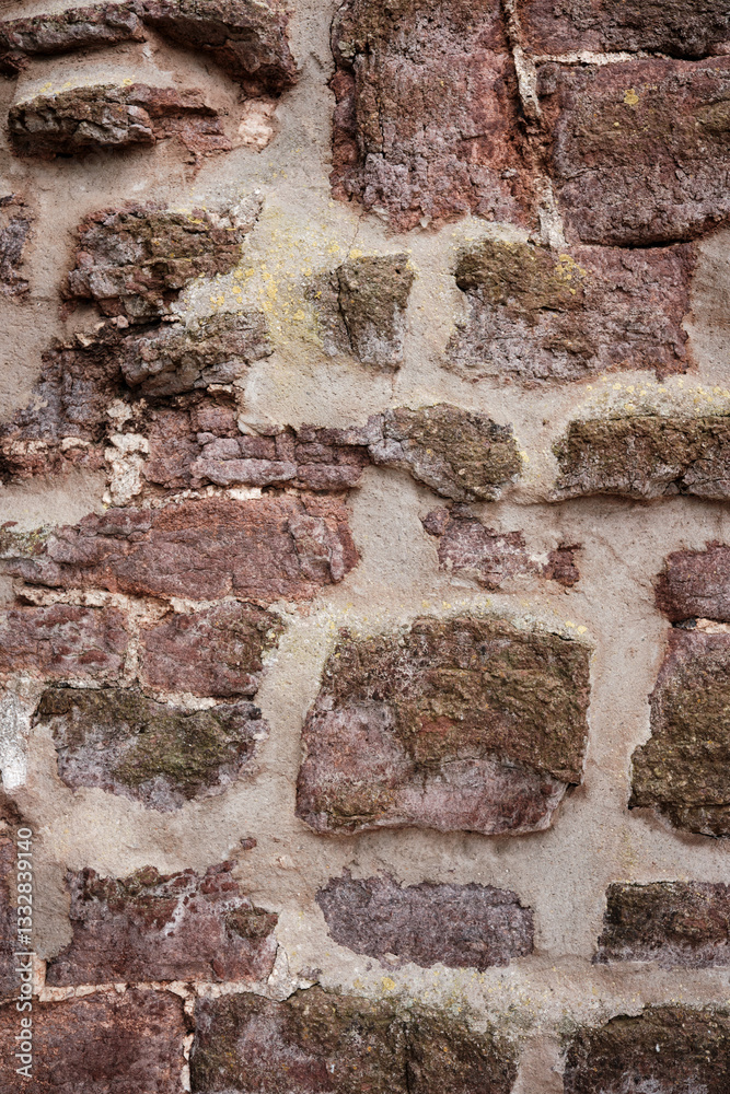 A wall made of stone with a rough texture. The wall is brown and white