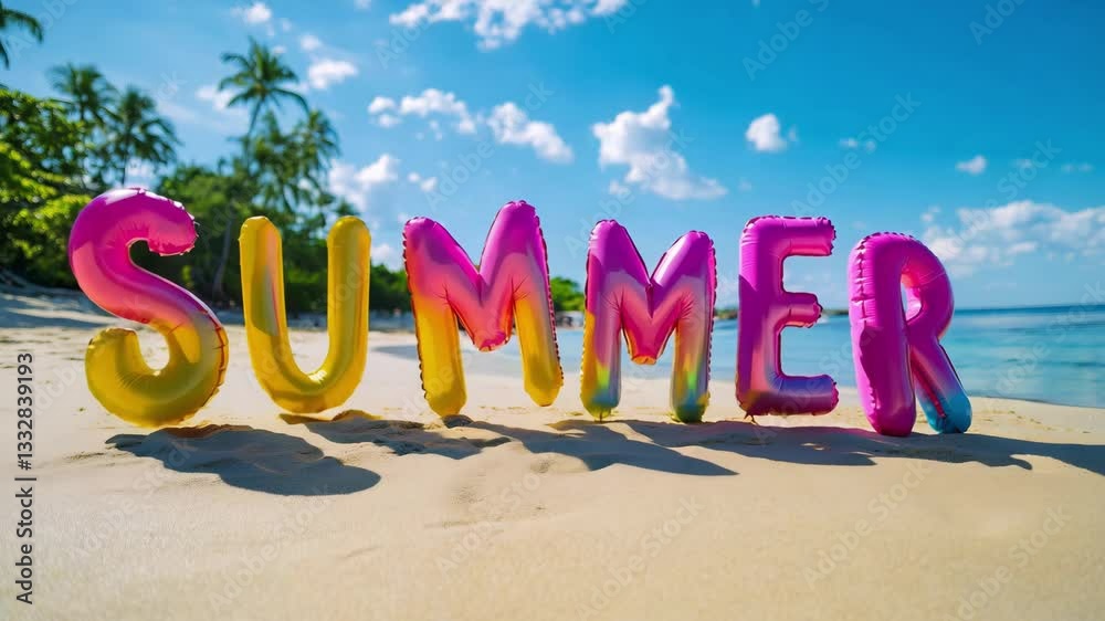 Colorful letters spelling summer stand on the sandy beach under a bright blue sky with palm trees in the background