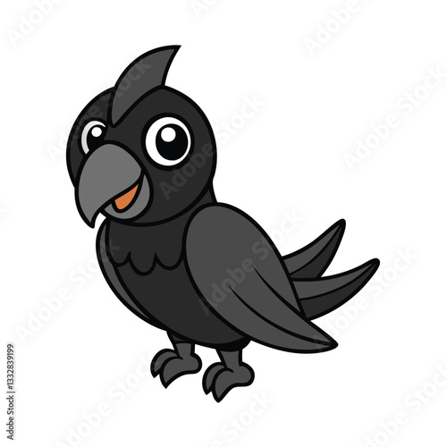 A charming cartoon illustration of a black bird. Large eyes, small beak, and dark gray feathers. Friendly and approachable design, suitable for childrens books or similar.