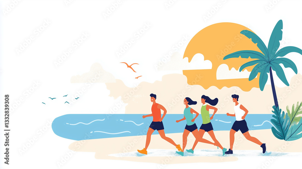 Active Beach Life: Young People in Sportswear Jogging Along the Shore. beach jogging, outdoor exercise, fitness lifestyle, friends jogging together, sportswear for running, beach f Active Beach Life: Young People in Sportswear Jogging Along the Shore. beach jogging, outdoor exercise, fitness lifestyle, friends jogging together, sportswear for running, beach f