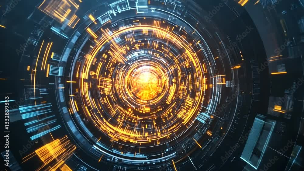 Futuristic technological tunnel with digital stream data and abstract cyber network