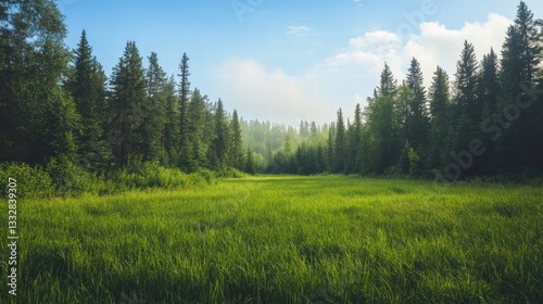 Sunlit meadow surrounded by lush forest and clear blue sky in serene countryside landscape