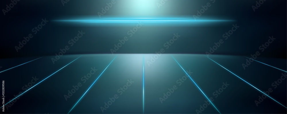 Empty studio with dark metal background with green and black gradient reflections and blue neon light lines on the floor. Room for exhibition or showroom. Empty studio with dark metal background with green and black gradient reflections and blue neon light lines on the floor. Room for exhibition or showroom.