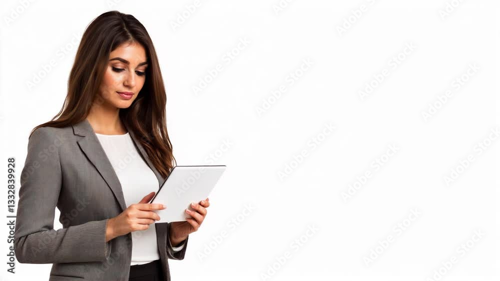 Businesswoman engaging with tablet technology in professional setting Businesswoman engaging with tablet technology in professional setting