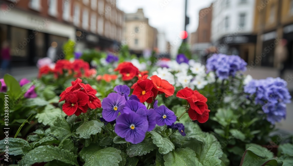 Fototapeta premium Vibrant Multicolored Pansy Flowers in Bloom on a City Street with Soft Focus Background of Urban Buildings and Streetlife
